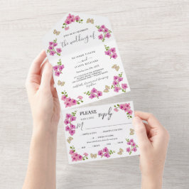 Invitación Todo En Uno Elegante Delicado Orquídeas Púrpura Bohemias Botán