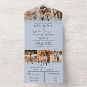 Invitación Todo En Uno Elegante Dusty Blue Photo Monogram Wedding RSVP