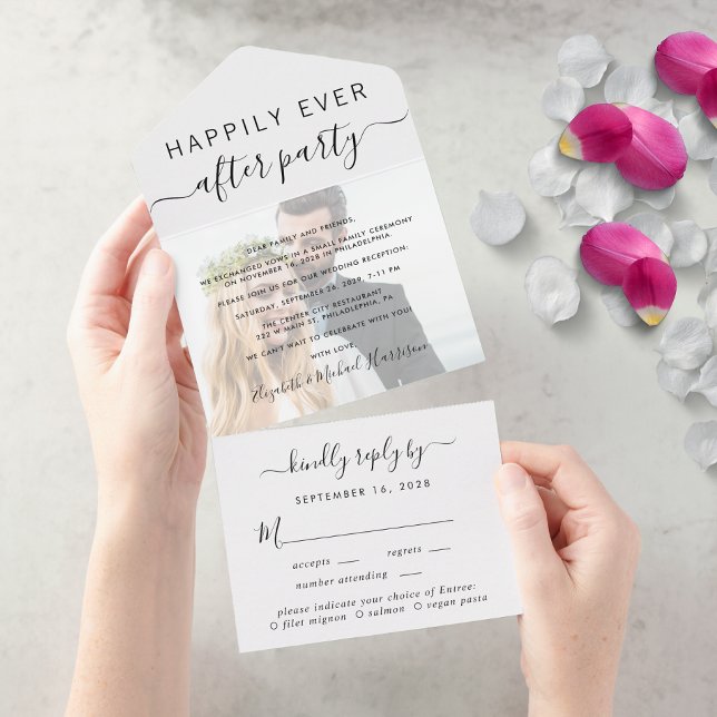 Invitación Todo En Uno Elegante Elección de comidas fotográficas Recepció (An chic Happily Ever After Party all-in-one invitation for your wedding celebration)
