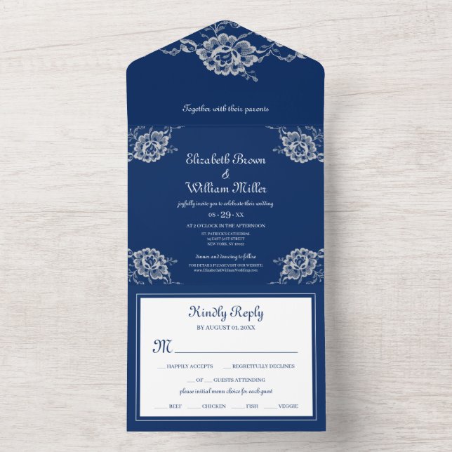 Invitación Todo En Uno Elegante encaje floral sobre Boda azul de la marin (Interior)