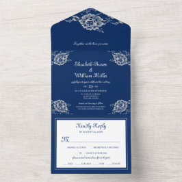Invitación Todo En Uno Elegante encaje floral sobre Boda azul de la marin