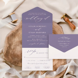 Invitación Todo En Uno Elegante Escritura Caligráfica Morada para Bodas