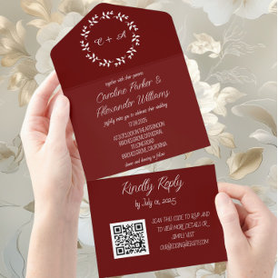 Invitación Todo En Uno Elegante escritura de Borgoña Código RSVP QR moder