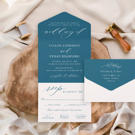 Invitación Todo En Uno Elegante escritura de caligrafía azul turquesa par