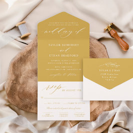 Invitación Todo En Uno Elegante escritura de caligrafía en amarillo dorad