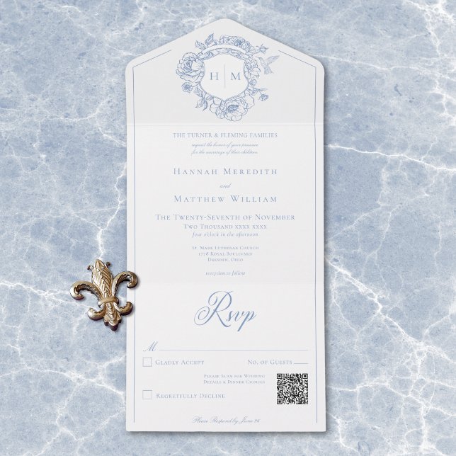 Invitación Todo En Uno Elegante Escudo de pájaros de la Chinoiserie azul  (Elegant Blue Chinoiserie Bird Crest Wedding QR All In One Invitation)