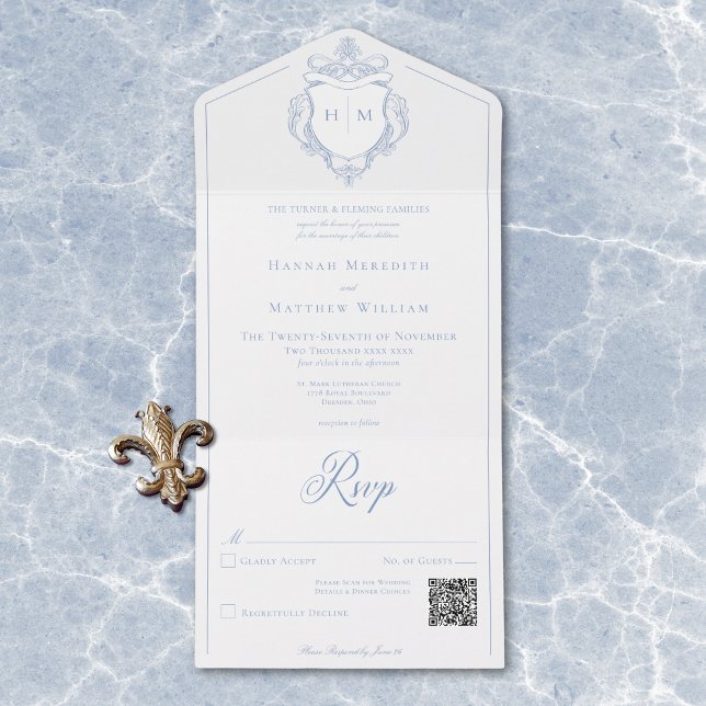 Invitación Todo En Uno Elegante Escudo de pájaros de la Chinoiserie azul  (Elegant Blue Chinoiserie Bird Crest Wedding QR All In One Invitation)