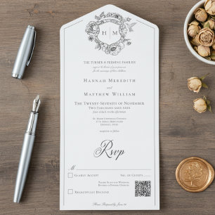 Invitación Todo En Uno Elegante Escudo de pájaros de la Chinoiserie negra