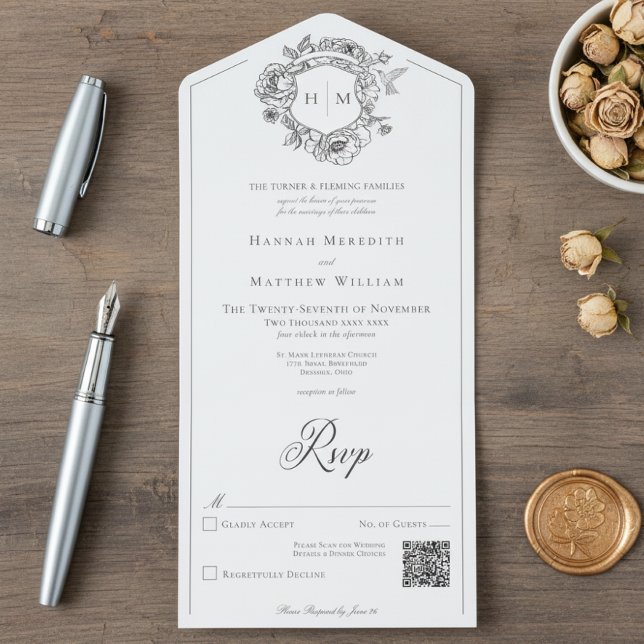 Invitación Todo En Uno Elegante Escudo de pájaros de la Chinoiserie negra (Subido por el creador)