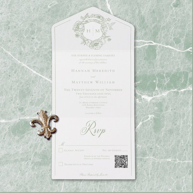 Invitación Todo En Uno Elegante Escudo de pájaros de la Chinoiserie verde (Elegant Green Chinoiserie Bird Crest Wedding QR All In One Invitation)