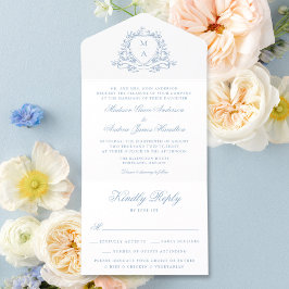 Invitación Todo En Uno Elegante Escudo Floral Azul Monograma Boda