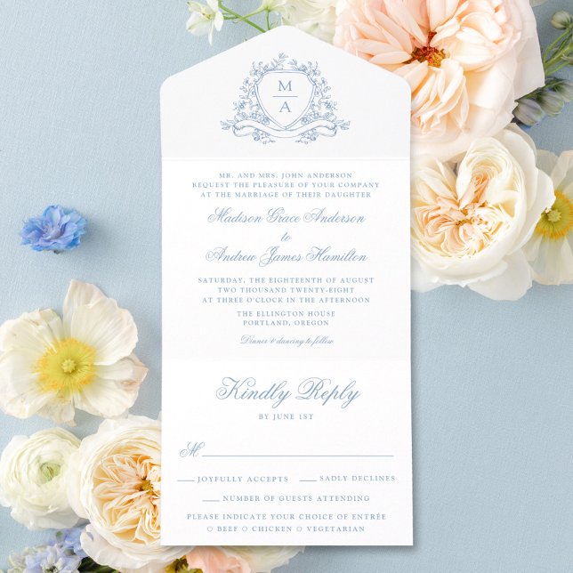 Invitación Todo En Uno Elegante Escudo Floral Azul Monograma Boda (Subido por el creador)