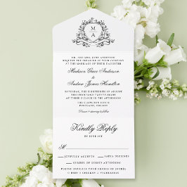Invitación Todo En Uno Elegante Escudo floral negro Boda Monograma