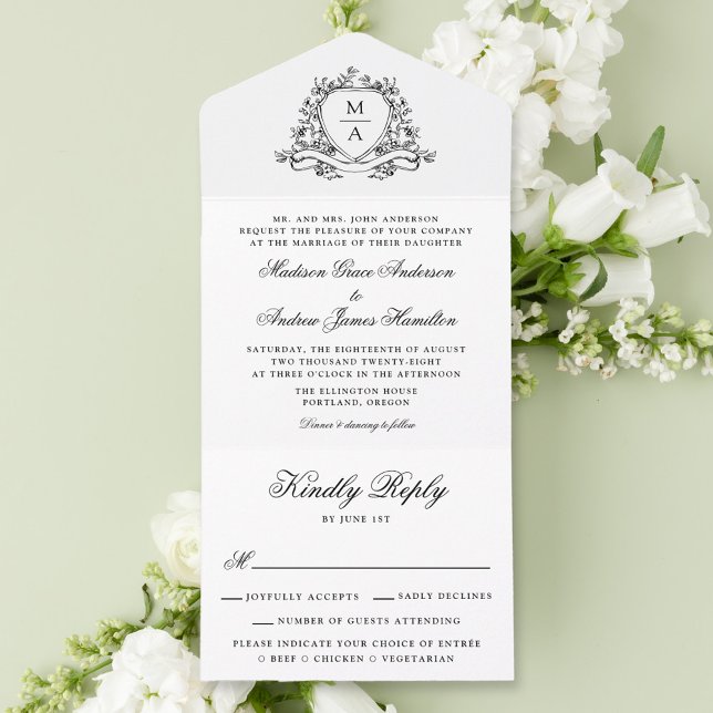 Invitación Todo En Uno Elegante Escudo floral negro Boda Monograma (Subido por el creador)