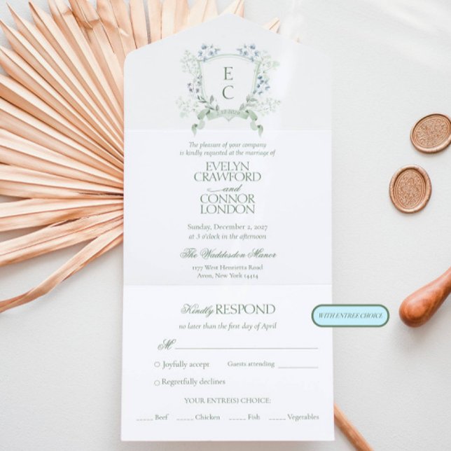 Invitación Todo En Uno Elegante Escudo floral RSVP Entree Choice Boda (Subido por el creador)