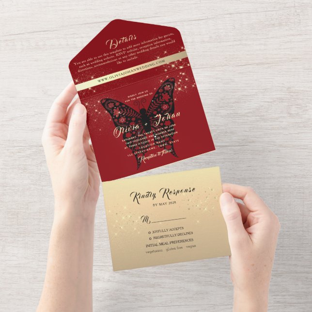 Invitación Todo En Uno Elegante estilo mariposa rojo todo en uno (desgarro)