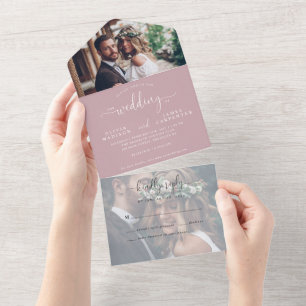 Invitación Todo En Uno Elegante estilo moderno Rosa guión 2 Boda de fotos