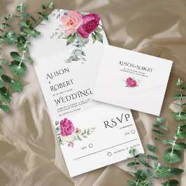 Invitación Todo En Uno Elegante eucalipto, boda de flores rosadas