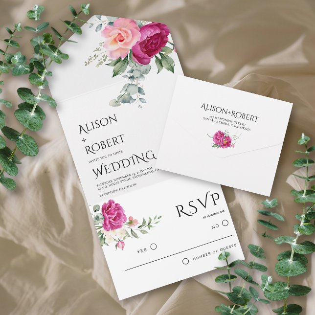 Invitación Todo En Uno Elegante eucalipto, boda de flores rosadas (Subido por el creador)