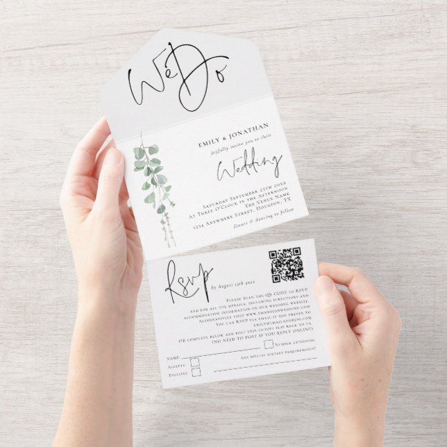 Invitación Todo En Uno Elegante Eucalipto Hacemos Boda de código QR (desgarro)