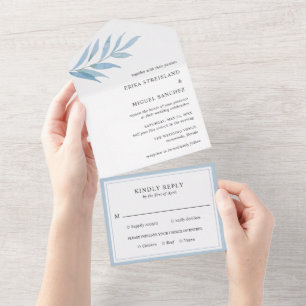 Invitación Todo En Uno Elegante Eucalipto simple Boda azul turbio