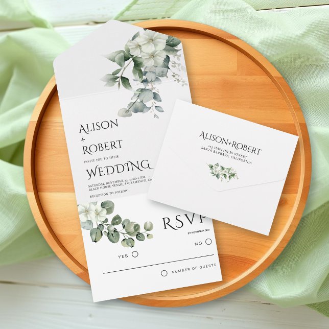 Invitación Todo En Uno Elegante eucalipto y boda de flores blancas (Subido por el creador)