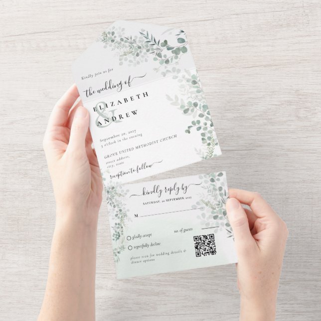 Invitación Todo En Uno Elegante Eucalyptus Boda de código QR del sabio bo (desgarro)