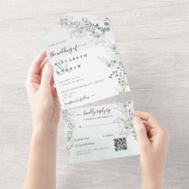 Invitación Todo En Uno Elegante Eucalyptus Boda de código QR del sabio bo