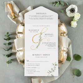 Invitación Todo En Uno Elegante Eucalyptus Gold Ampersand Boda