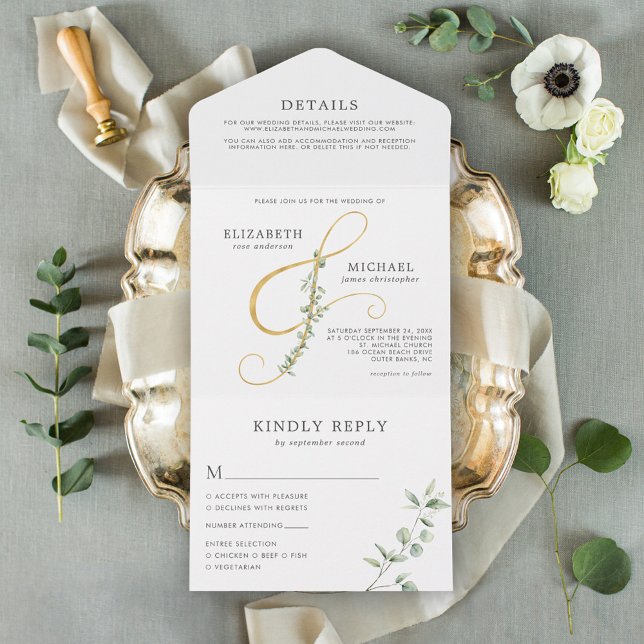 Invitación Todo En Uno Elegante Eucalyptus Gold Ampersand Boda (Subido por el creador)