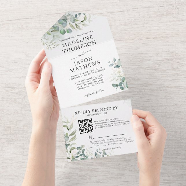 Invitación Todo En Uno Elegante Eucalyptus Gold Greenery QR Code Boda (desgarro)
