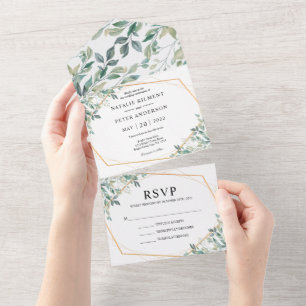 Invitación Todo En Uno Elegante Eucalyptus Greenery Gold Rustic Boda