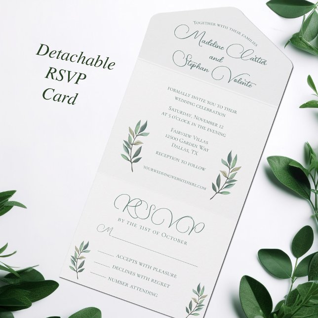 Invitación Todo En Uno Elegante Eucalyptus Leaf Modern Fall Wedding & RSV (Subido por el creador)
