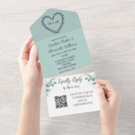 Invitación Todo En Uno Elegante Eucalyptus Script Moderno RSVP Código QR