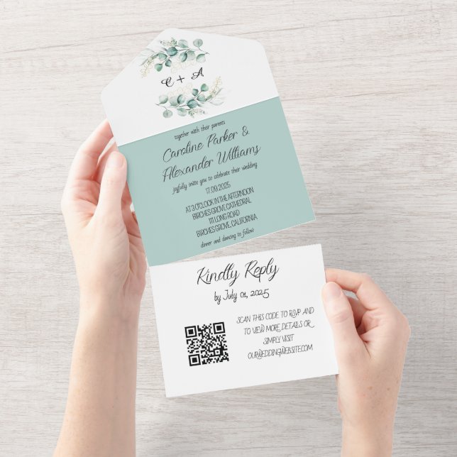 Invitación Todo En Uno Elegante Eucalyptus Script Moderno RSVP Código QR (desgarro)