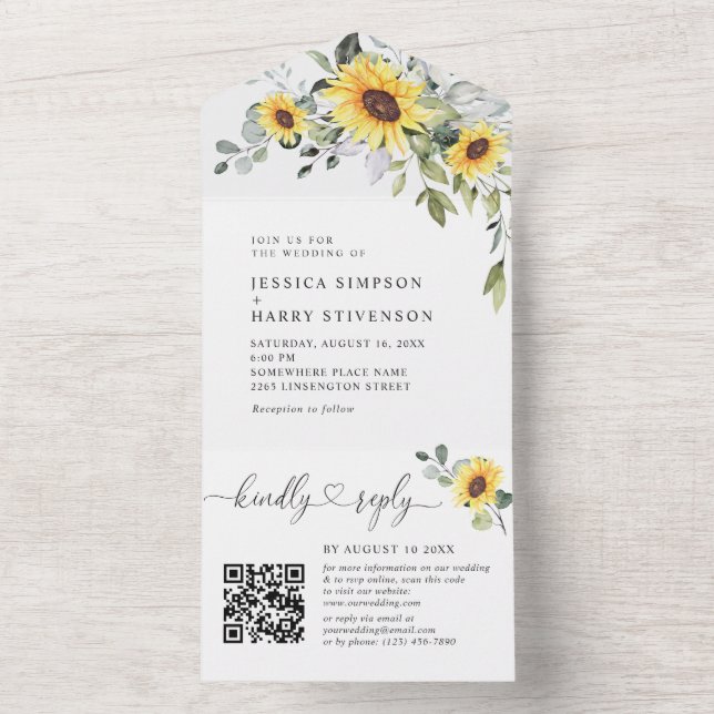 Invitación Todo En Uno Elegante Eucalyptus Sunflowers Boda QR código (Interior)