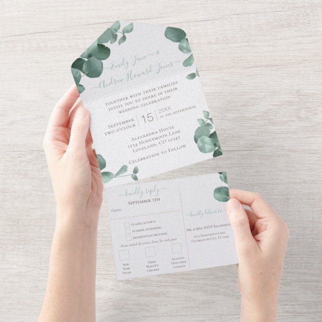 Invitación Todo En Uno Elegante Eucalyptus Wreath Boda (desgarro)
