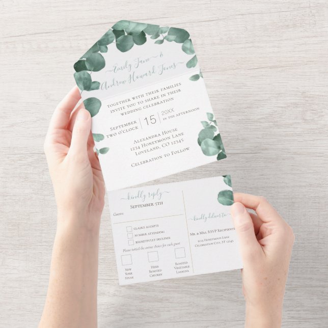 Invitación Todo En Uno Elegante Eucalyptus Wreath Boda Todo En Uno Todo I (desgarro)