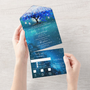 Invitación Todo En Uno Elegante Fairy Lights Blue Heart Leaf Tree Boda