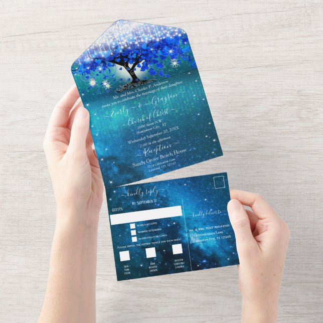 Invitación Todo En Uno Elegante Fairy Lights Blue Heart Leaf Tree Boda (desgarro)