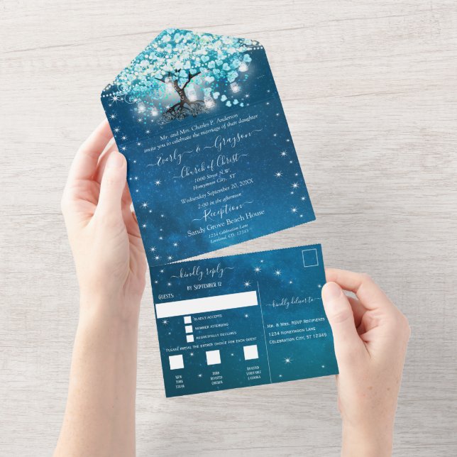 Invitación Todo En Uno Elegante Fairy Lights Blue Heart Leaf Tree Boda (desgarro)