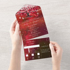 Invitación Todo En Uno Elegante Fairy Lights Red Heart Leaf Tree Boda