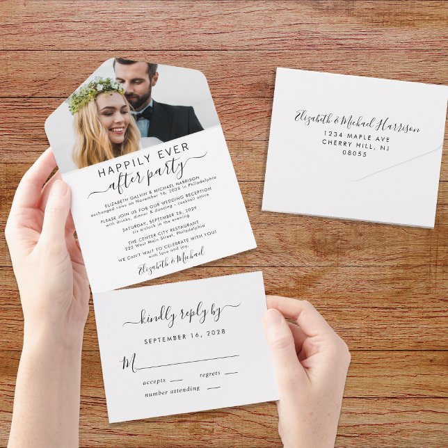 Invitación Todo En Uno Elegante Felices para Siempre Foto Recepción de Bo (An chic Happily Ever After Party all-in-one invitation for your wedding celebration)