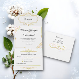 Invitación Todo En Uno Elegante filigrí dorado sobre blanco, Boda
