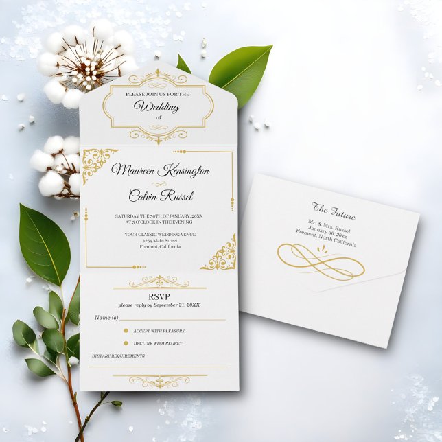 Invitación Todo En Uno Elegante filigrí dorado sobre blanco, Boda (Subido por el creador)