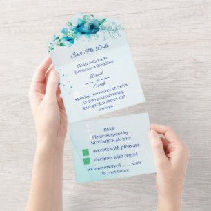 Invitación Todo En Uno Elegante Flor Azul Personalizado Guarde la Fecha