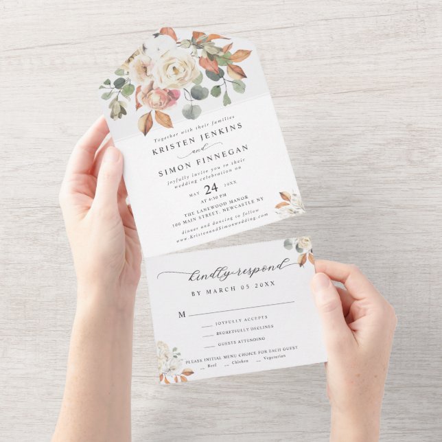 Invitación Todo En Uno Elegante flor de otoño guión Boda moderno (desgarro)