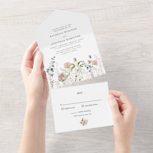 Invitación Todo En Uno Elegante Flor Silvestre En Un Boda (desgarro)