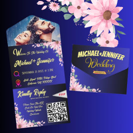 Invitación Todo En Uno Elegante Floral Azul Desgarrador Boda Fotográfica