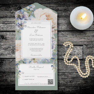 Invitación Todo En Uno Elegante floral azul y beige sobre código QR verde